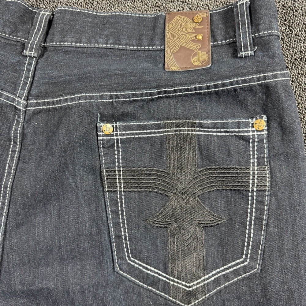 VTG‎ Jean Station Mens 46 Baggy Denim Shorts Dark Wash Y2K Wide Leg Embroidered
